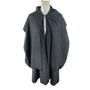 VTG 70s Mademoiselle Women's Gray Tartan Plaid Check Poncho Cape With Scarf OSFA